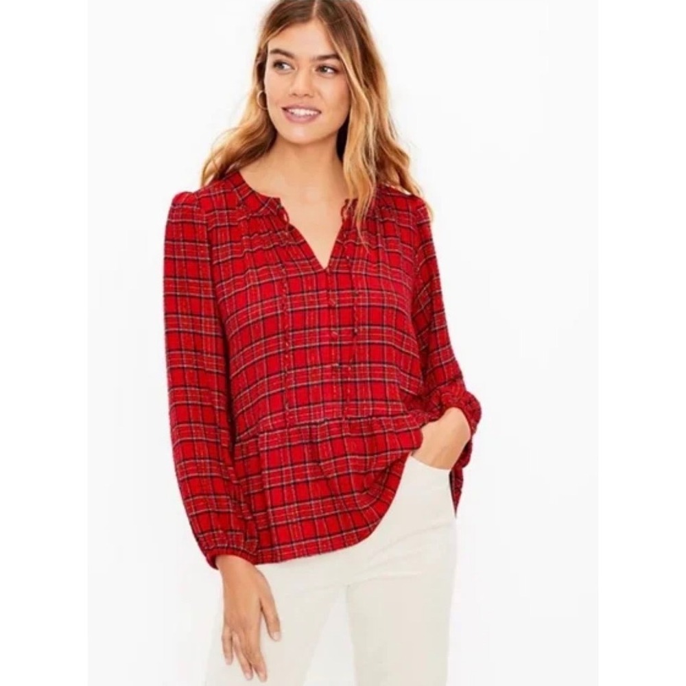 LOFT Womens Red Plaid Ruffle Cuff Split Neck Blouse Top XL NEW